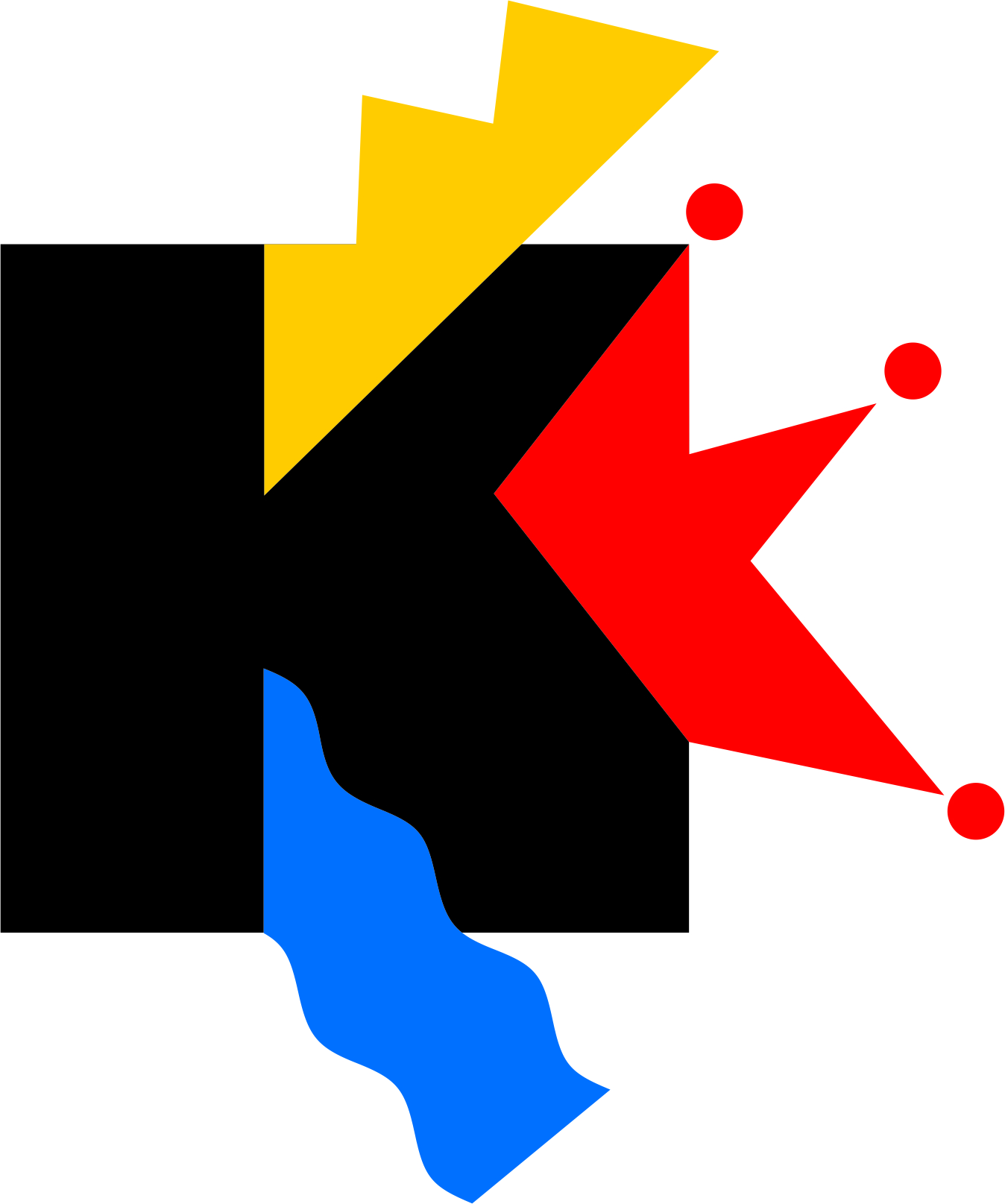 cy miejsce na ziemi Kraków, wcinają się trzy elementy tworząc z kwadratu literę "K". Te elementy to - od góry - złota korona, z prawebo boku czapka błazna 