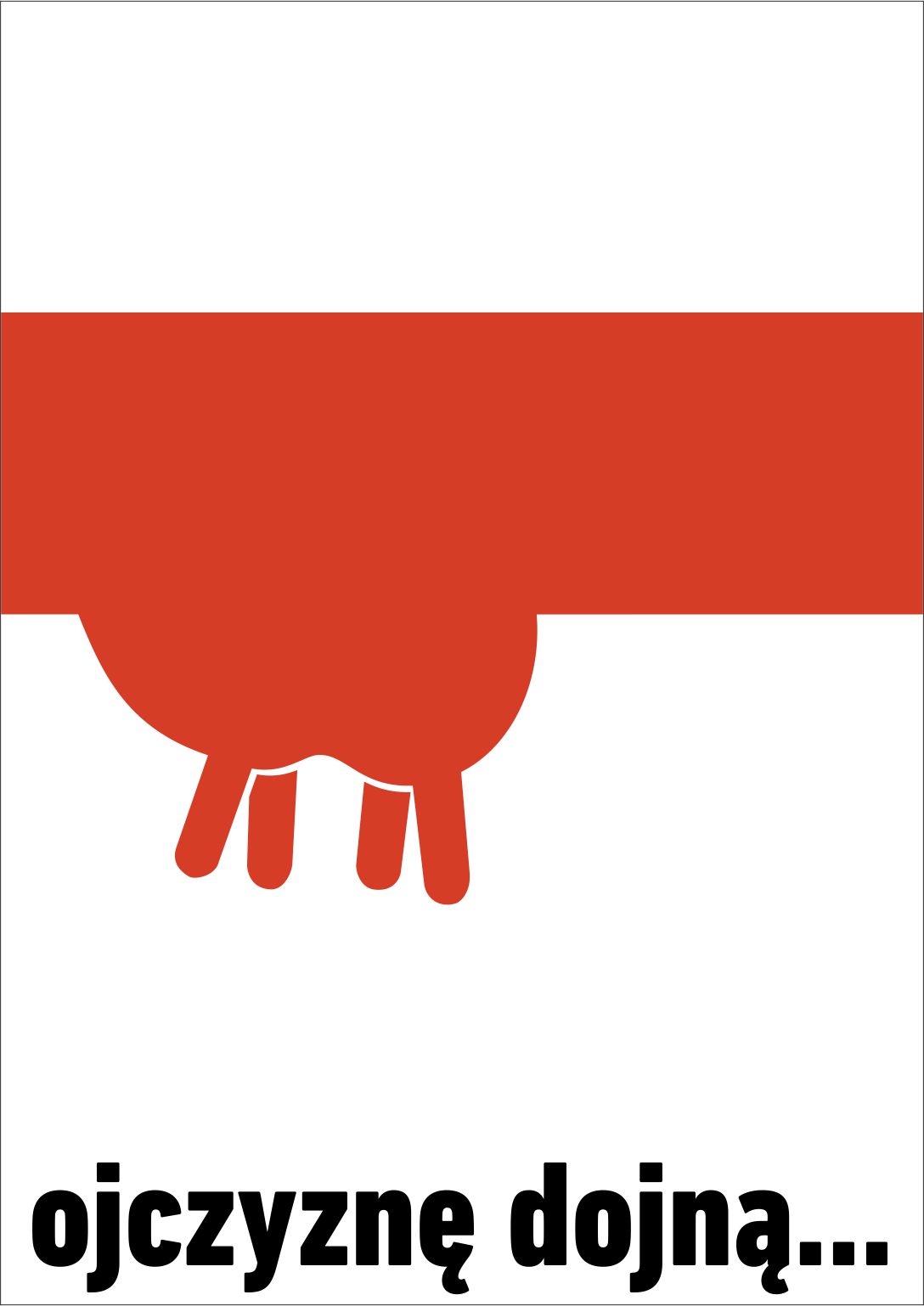 czerwony kolor flagi polskiej zamienia się w wymię krowy - symbol korupcji władzy