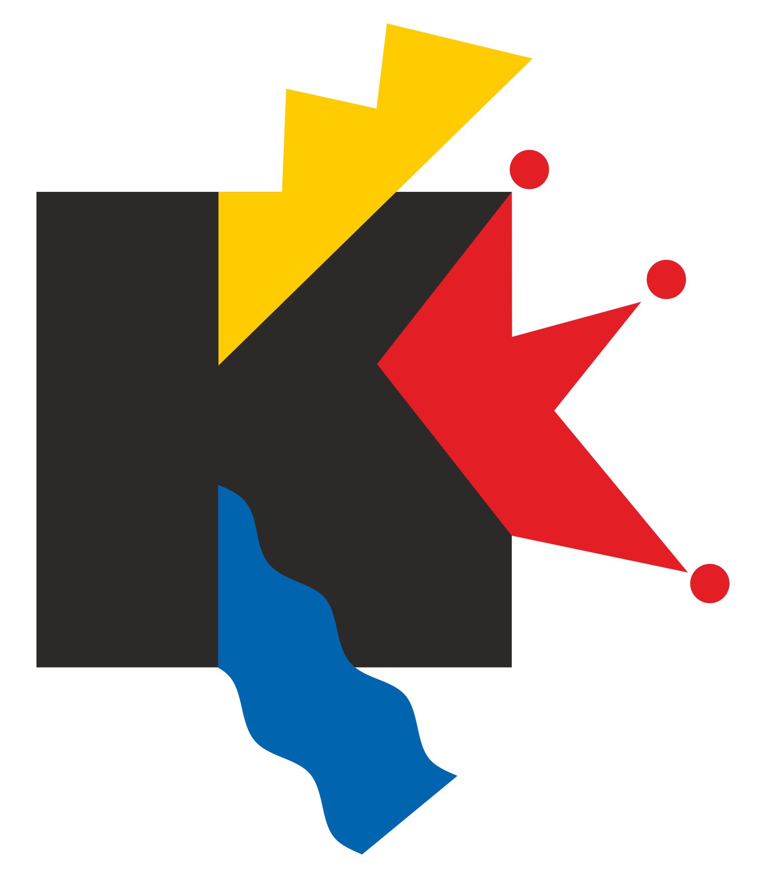 W czarny kwadrat symbol miejsce na ziemi - Kraków, wcinają się trzy elementy tworząc z kwadratu literę "K". Poczynając od góry złota korona, bo miasto królewskie, z boku czapka Stańczyka, bo miasto stolica kultury i od dołu rzeka Wisła bo to królowa rzek polskich.        elementy to: od g złota korona elementy to - od góry - złota korona, z prawebo boku czapka błazna 